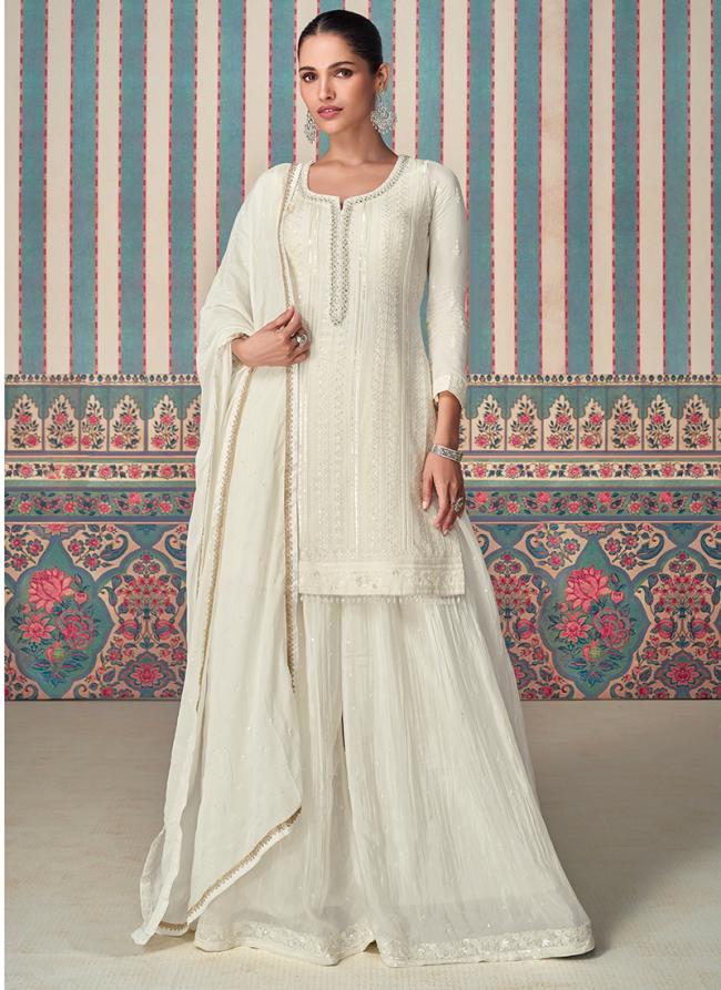 Premium Chinnon Silk White Wedding Wear Embroidery Work Readymade Plazzo Suit